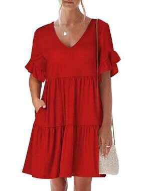 Anrabess Women's Red Stylish Neck Ruffle Sleeve A Line Tiered Mini Flowy Dress